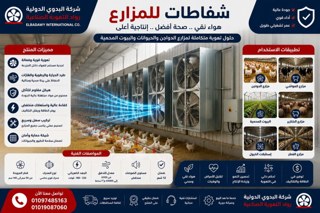 شفاطات للمزارع | أفضل أنظمة التهوية لمزارع الدواجن والماشية والصوب الزراعية